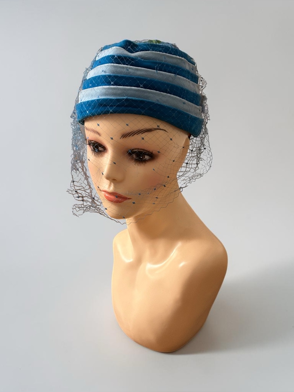 Fannye’s Vintage 1950’s Striped Velvet Hat w/ Birdcage Veil in Shades of Ceruan
